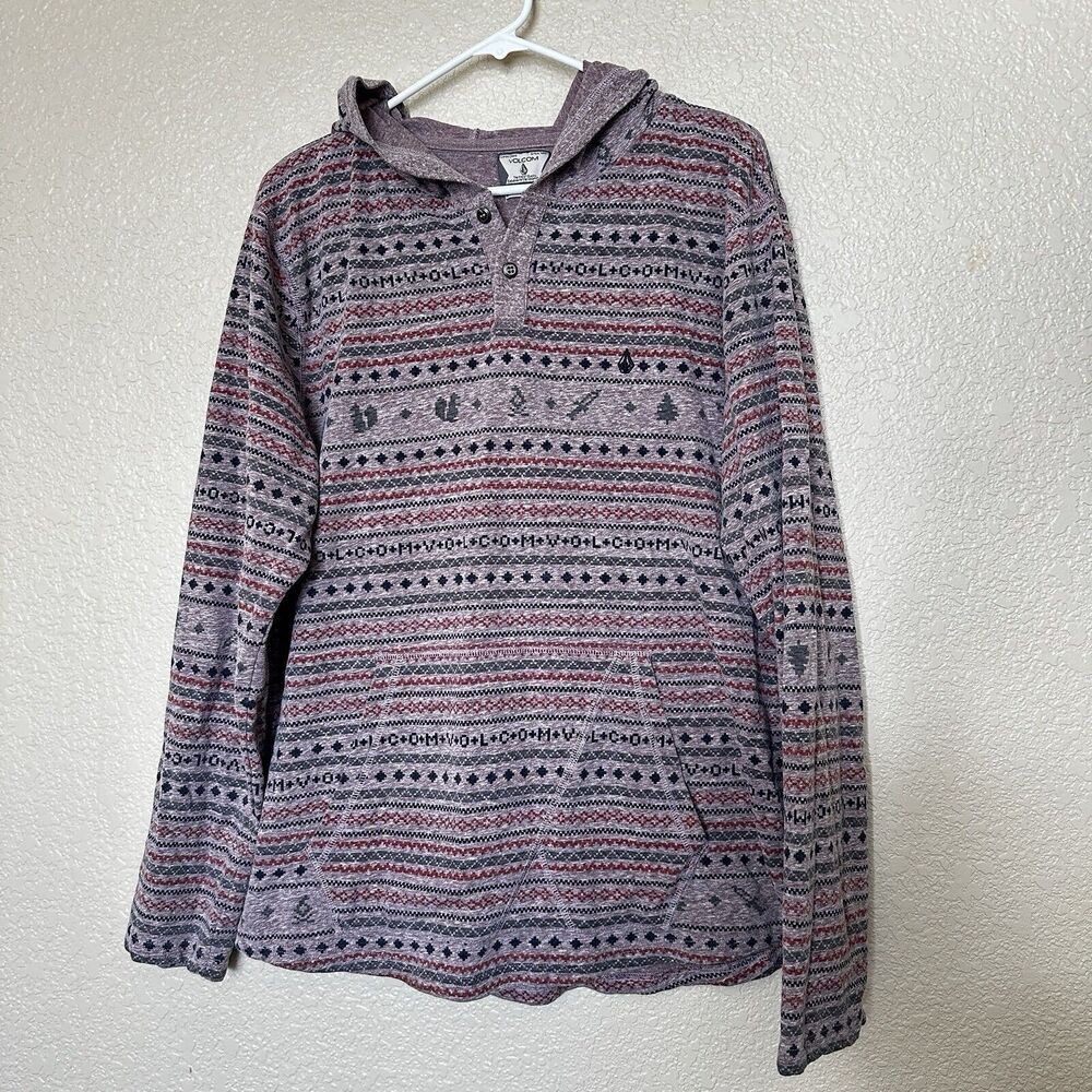 Volcom Medium‎ Hooded Shirt Kangaroo Pocket Fair Isle Graphics Long Sleeve Top